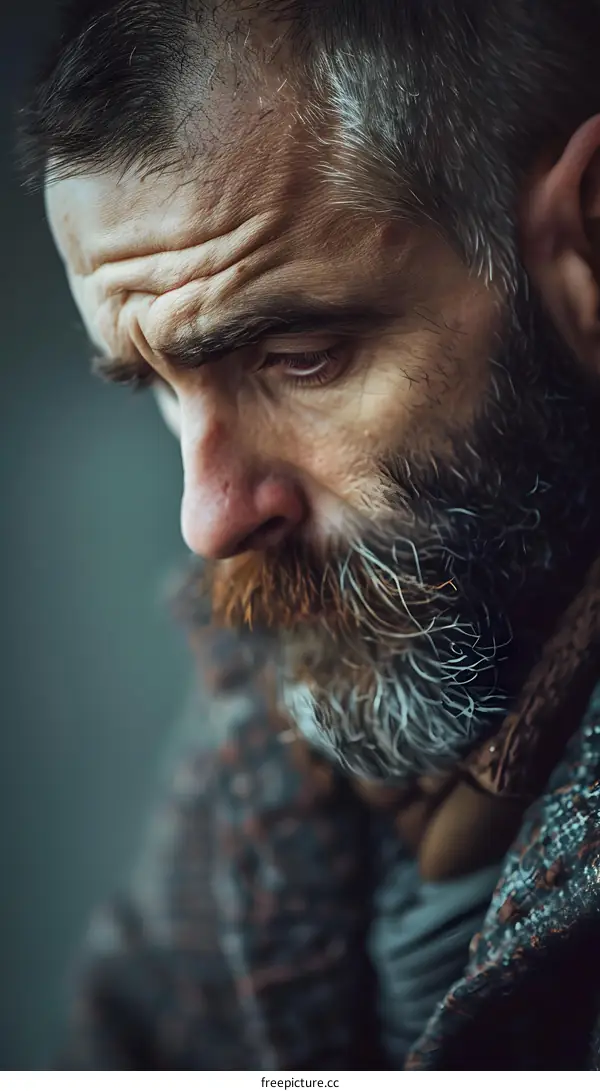 portrait of a man with a beard looking down
