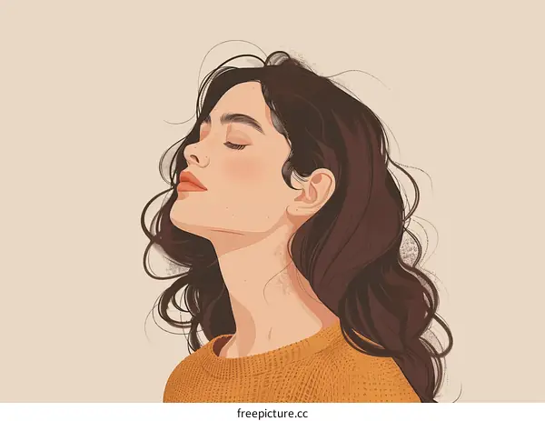 A young woman with long brown hair and freckles on her face is wearing a brown sweater.