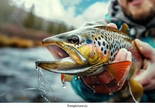 A fisherman holds a brown trout he caught in a river.