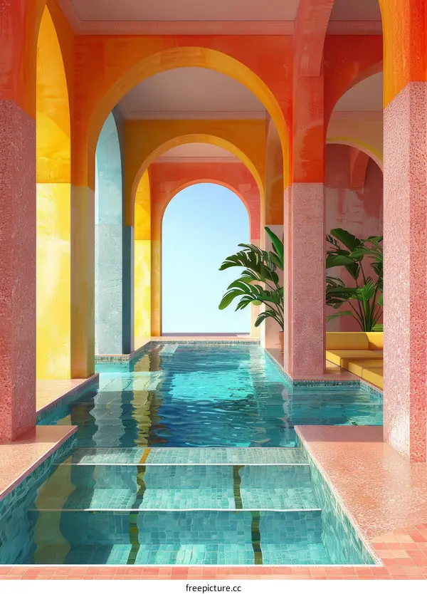 Colorful Mediterranean Courtyard with Pool