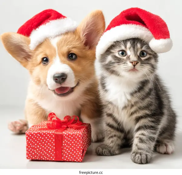 Christmas Puppies and Kittens with Gift