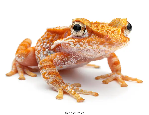 A studio shot of an orange frog
