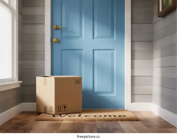 A Cardboard Box Placed in Front of a Blue Front Door