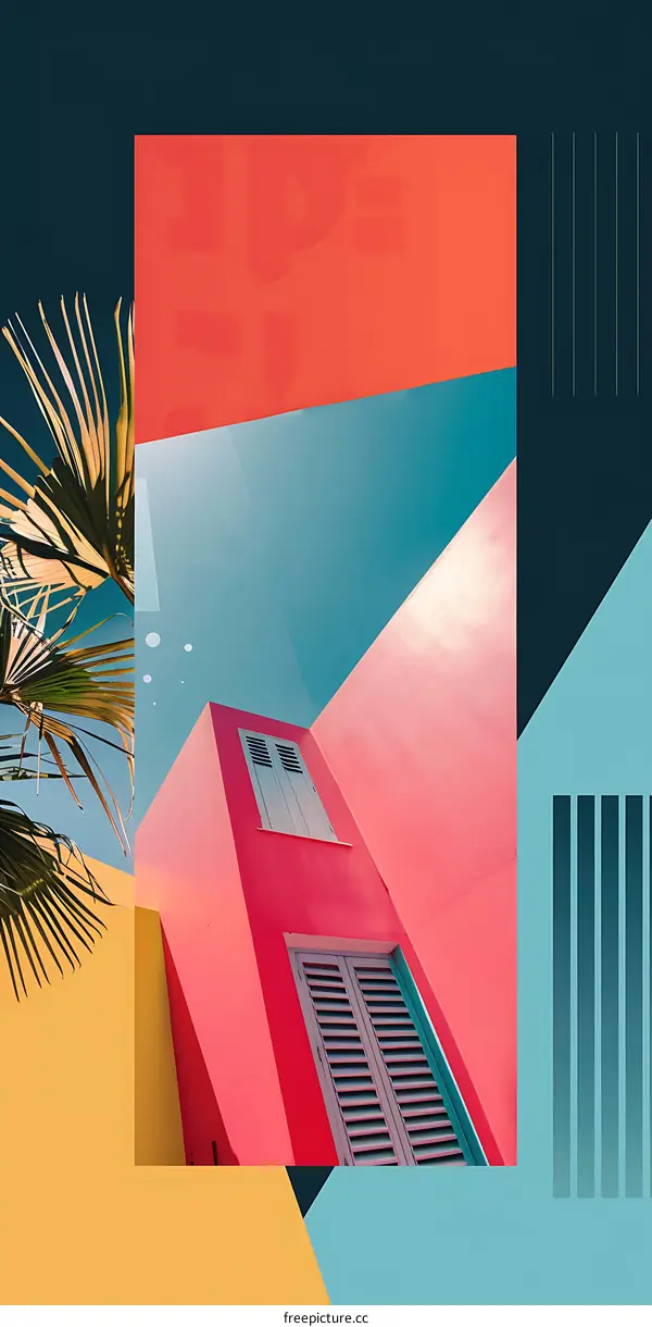 Colorful Geometric Building with Palm Tree