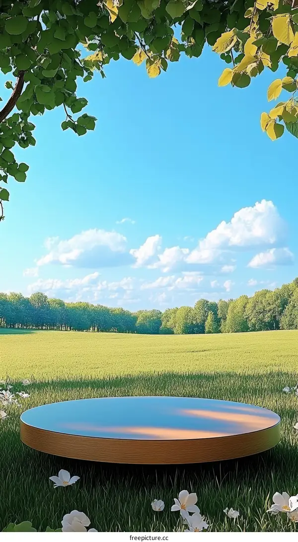 Empty Round Wooden Display Platform in a Summer Meadow