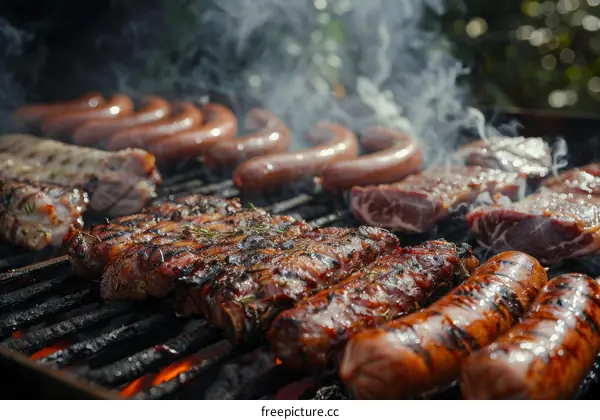 A variety of meats and sausages are being grilled on a barbecue.