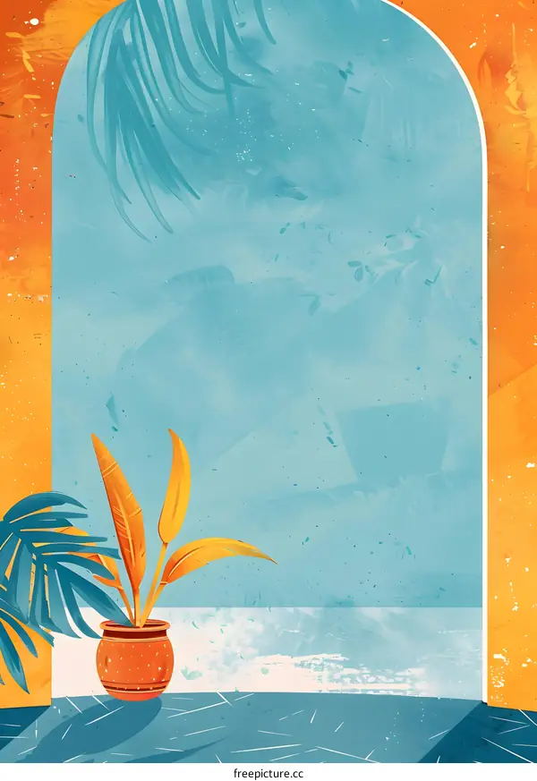 Tropical Plant in a Pot Against a Blue and Orange Background