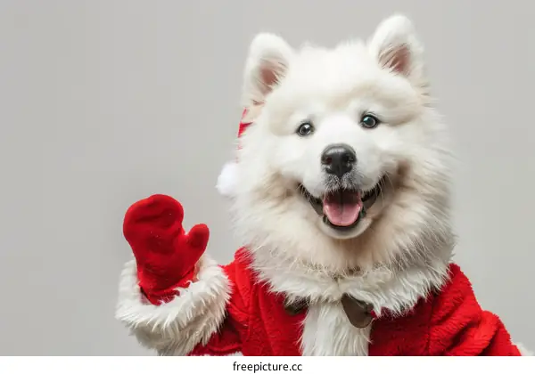 Samoyed dog wearing a Santa hat and red coat