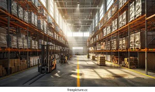 A large warehouse with forklifts and shelves full of boxes