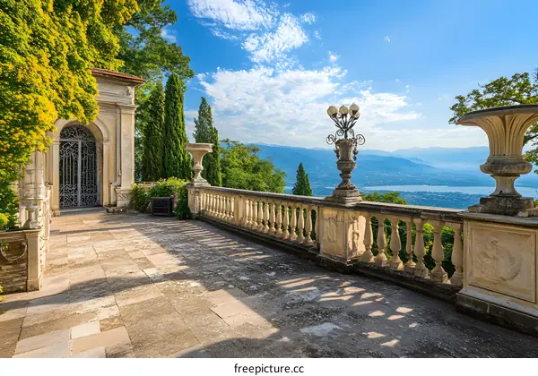 Stone Balcony Overlooking Scenic Mountain Lake View