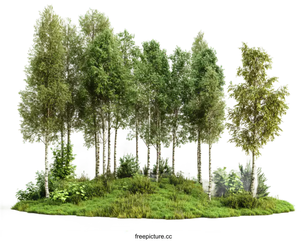 [Transparent Background PNG]Illustration of a Group of Birch Trees on a Hillside