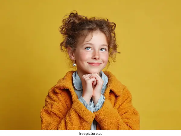 Portrait of a Caucasian Girl in a Cozy Mustard Jacket