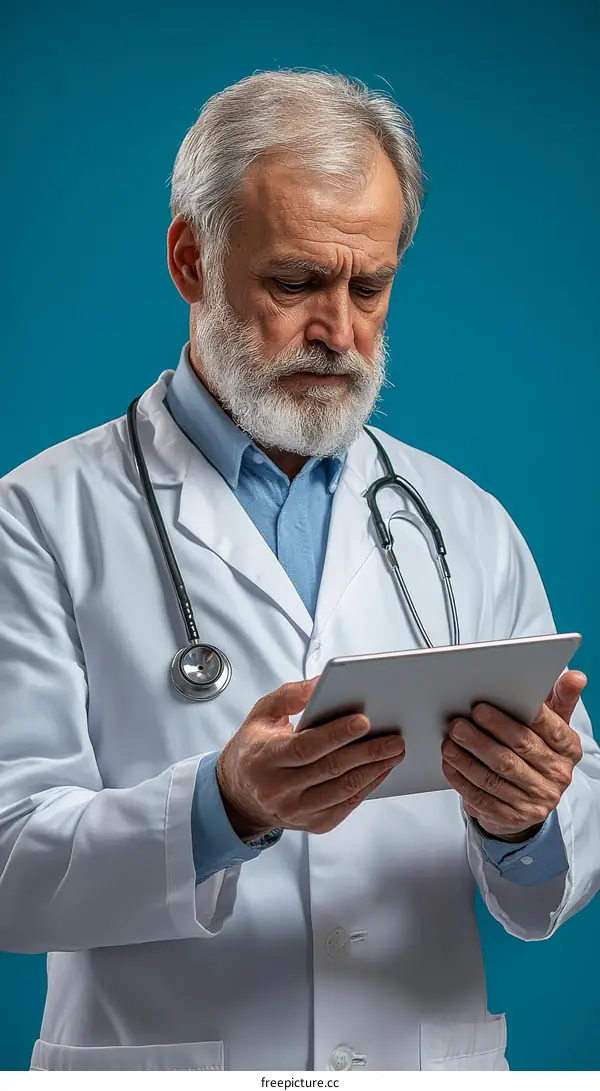 Serious Caucasian Doctor Examining Digital Tablet