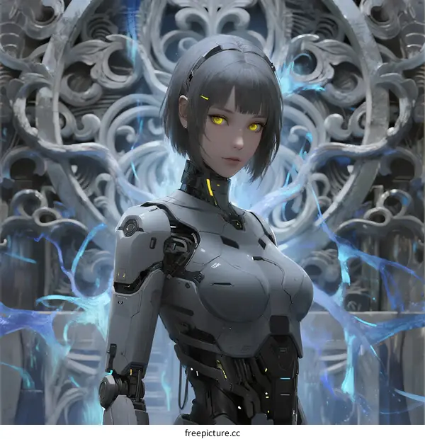 A Female Cyborg with Gray Hair and Yellow Eyes in Front of Ornate Gate