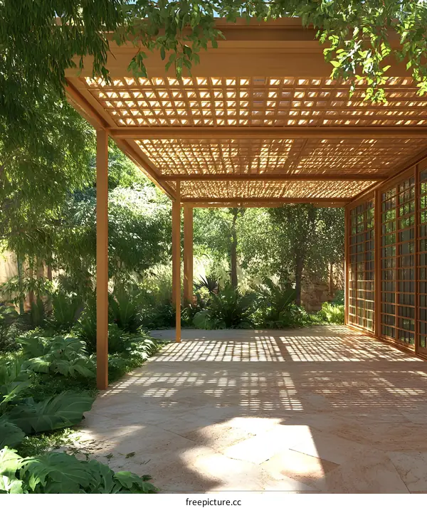 Wooden Pergola with Latticework and Green Plants