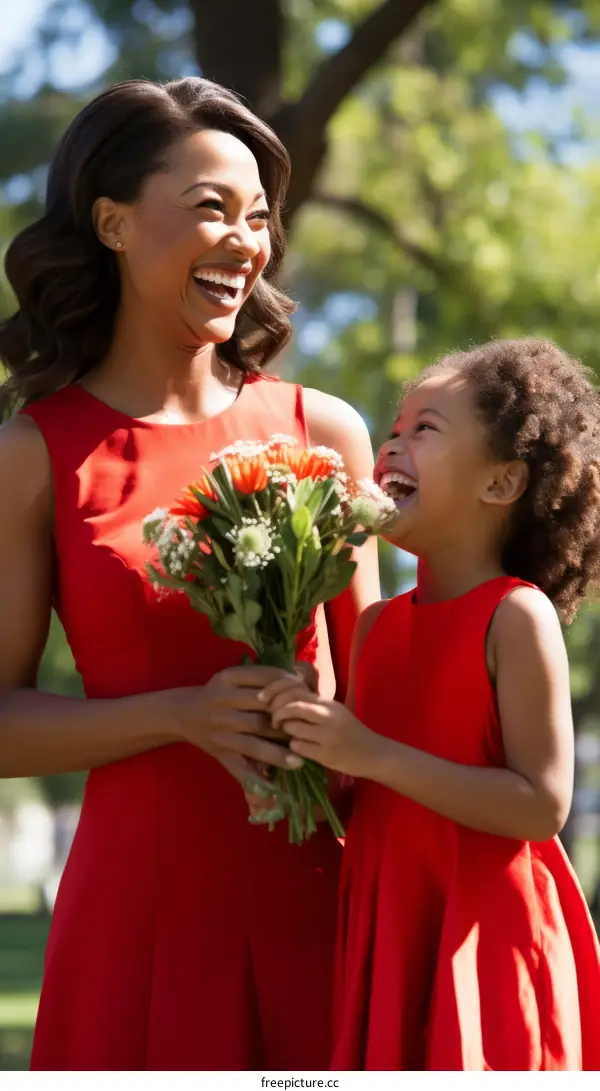 A mother and her daughter are laughing while holding a bouquet of flowers.