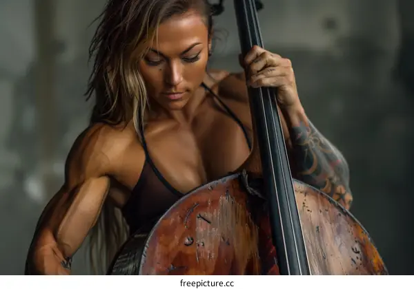 Muscular woman playing double bass