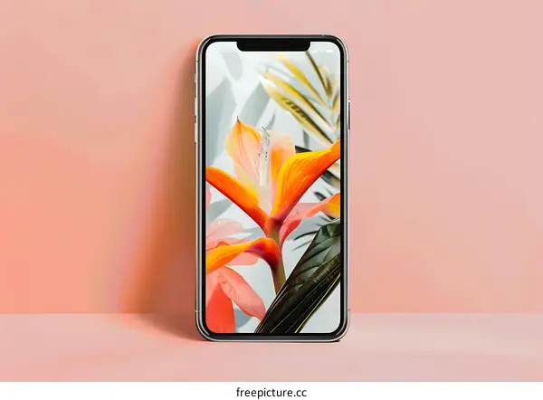 Phone with Flower Wallpaper on Pink Background