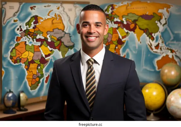 A smiling young male teacher stands in front of a world map.