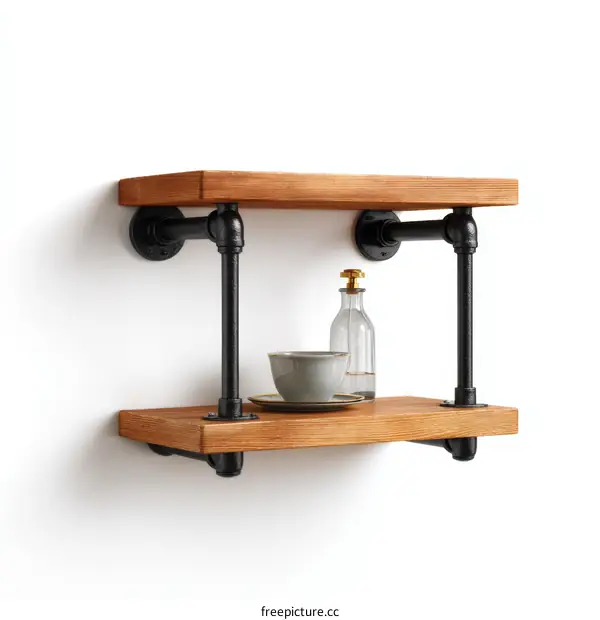 Rustic Wooden Wall Shelf with Black Metal Pipes