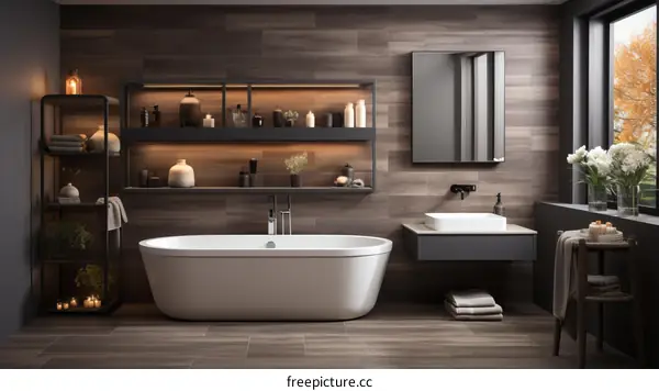 Bathroom interior with bathtub, sink, and shelves