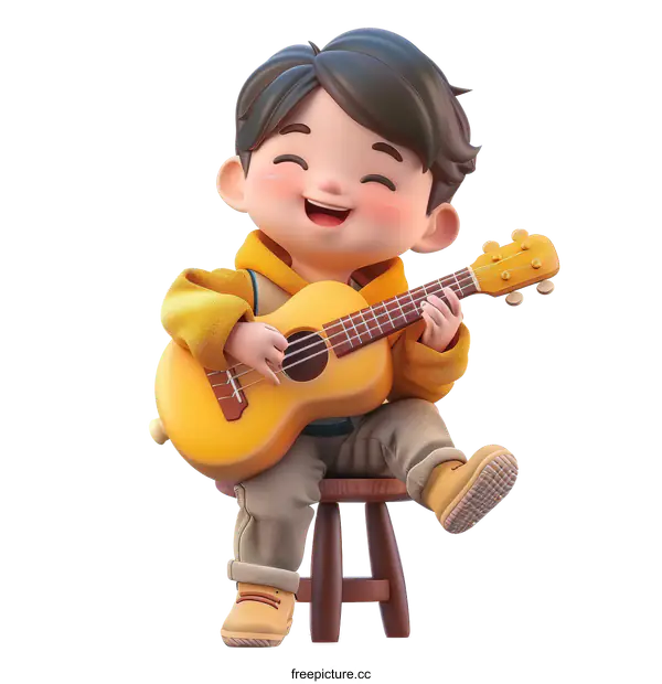 [Transparent Background PNG]3D illustration of a boy playing the ukulele