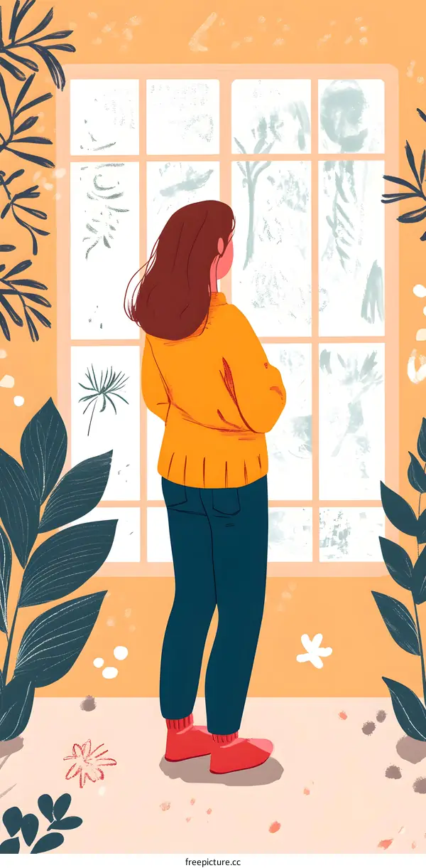 Woman Looking Out Window at Winter Scene