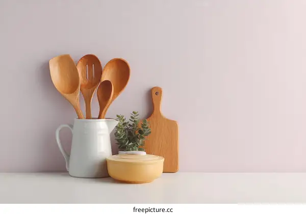 Wooden Kitchen Utensils and Cutting Board on a White Countertop