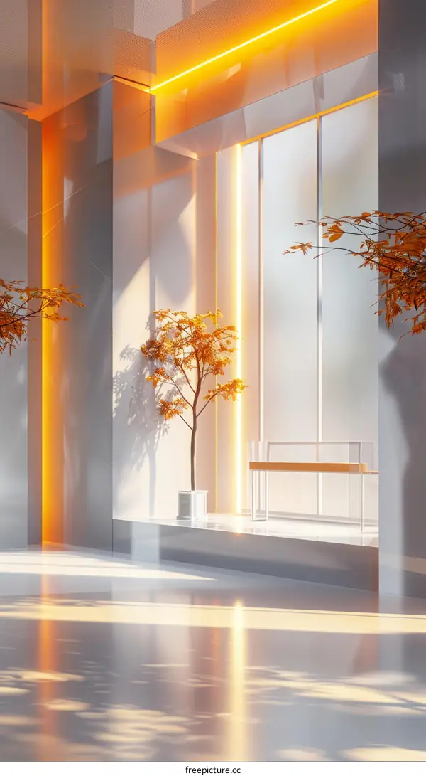 Modern interior space with large windows and a tree