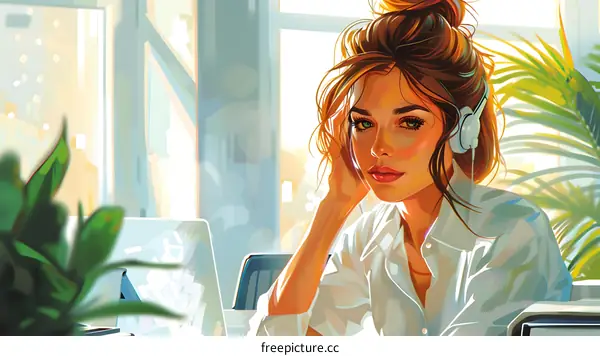 portrait of a beautiful young woman with brown hair wearing a white shirt and headphones