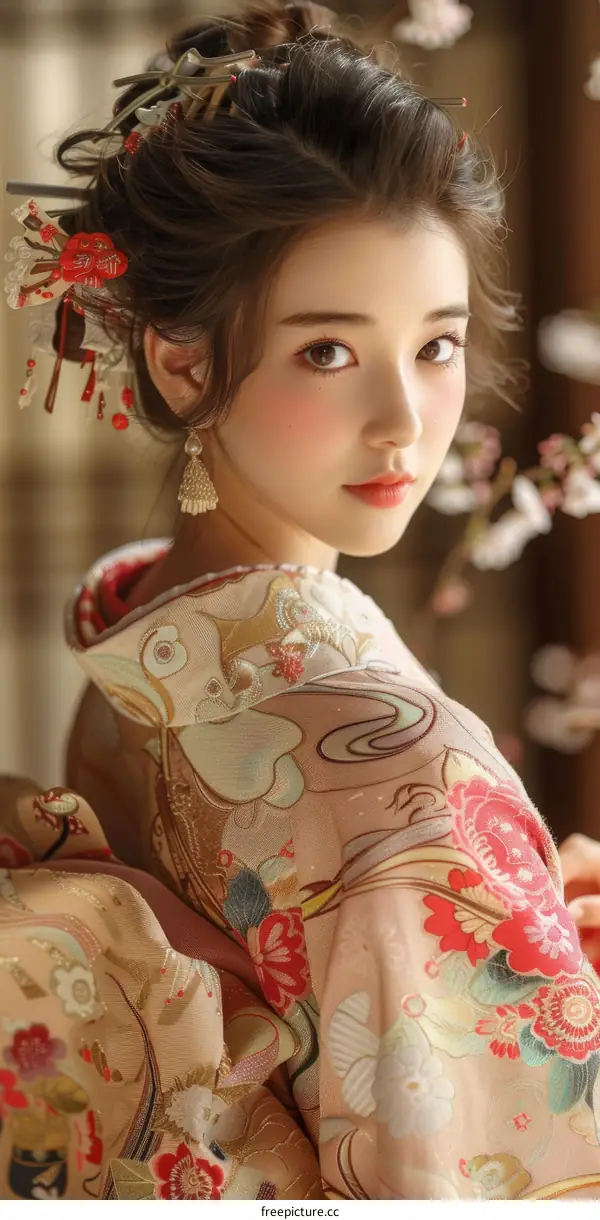 Portrait of a beautiful Asian woman in traditional Japanese kimono