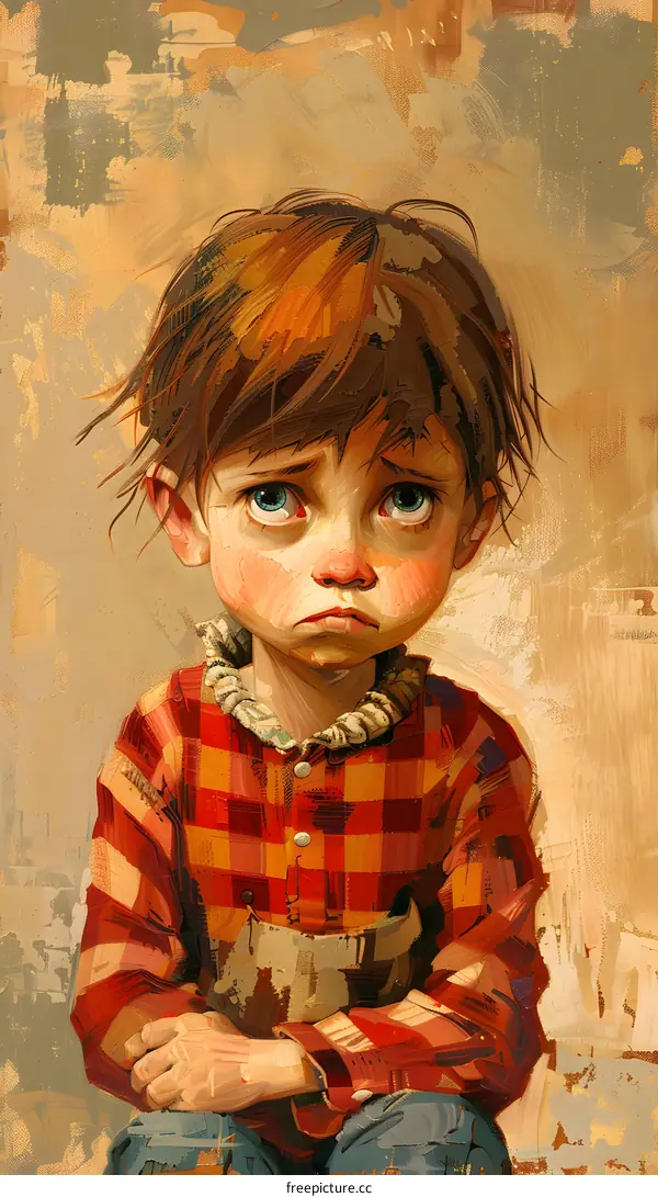 Sad Boy in Plaid Shirt Sitting