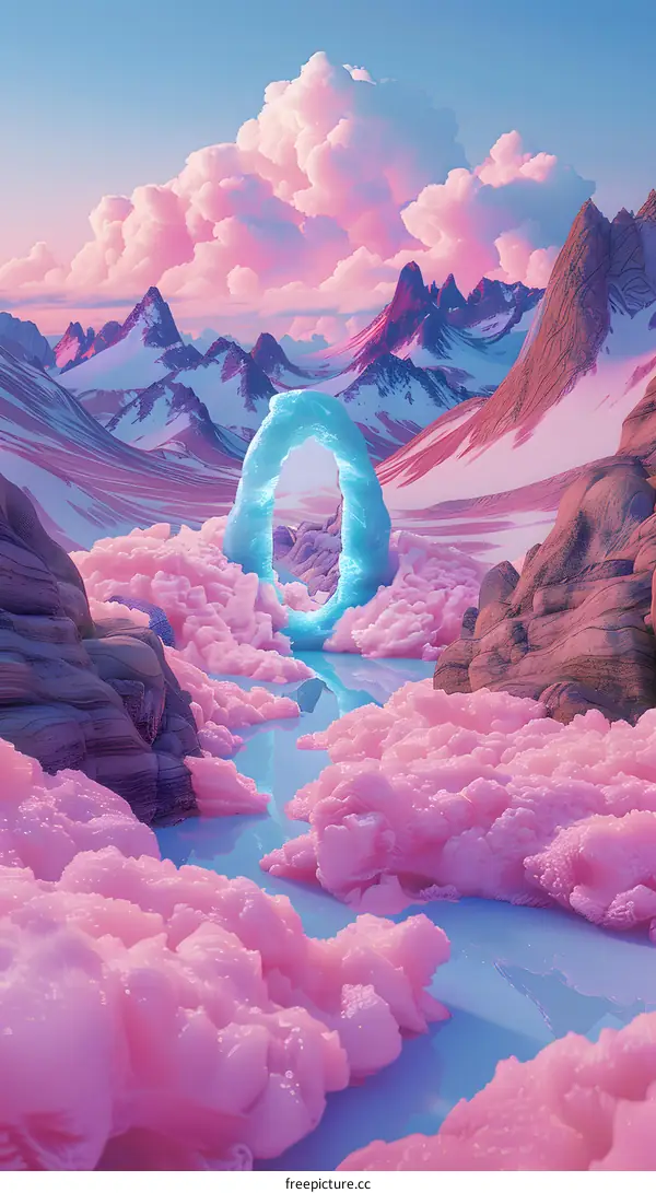 Fantasy Landscape with Ice Portal and Pink Clouds