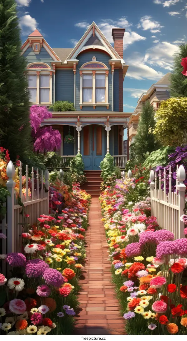 A Colorful Garden Path Leads to a Serene Blue House