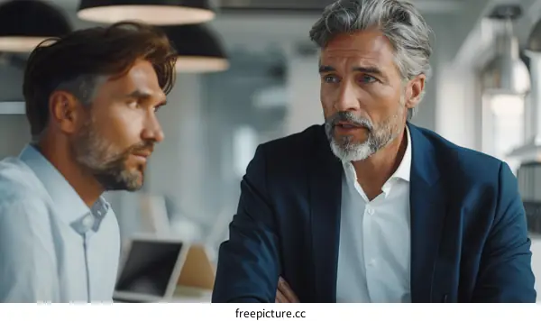 Two business professionals having a serious conversation in an office