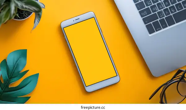 Top View Flat Lay of Smart Phone with Laptop and Plant