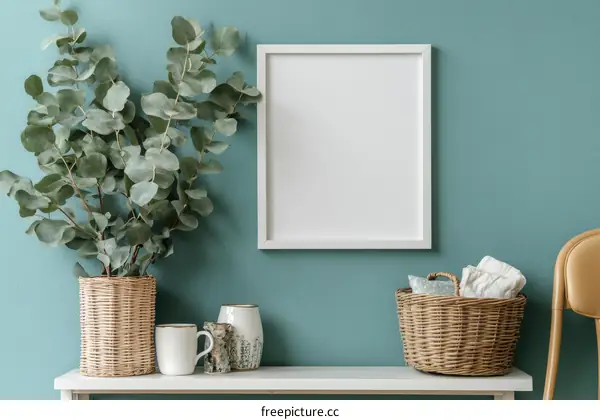 Empty White Picture Frame Decorated with Eucalyptus Plants