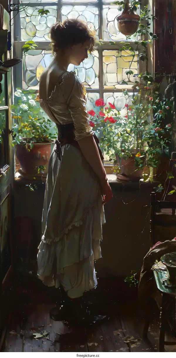 A thoughtful woman standing by the window