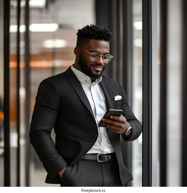 African American Businessman Using Phone in Office
