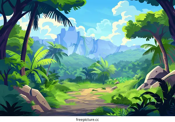 Tropical Rainforest Landscape With Green Palm Trees And Mountains