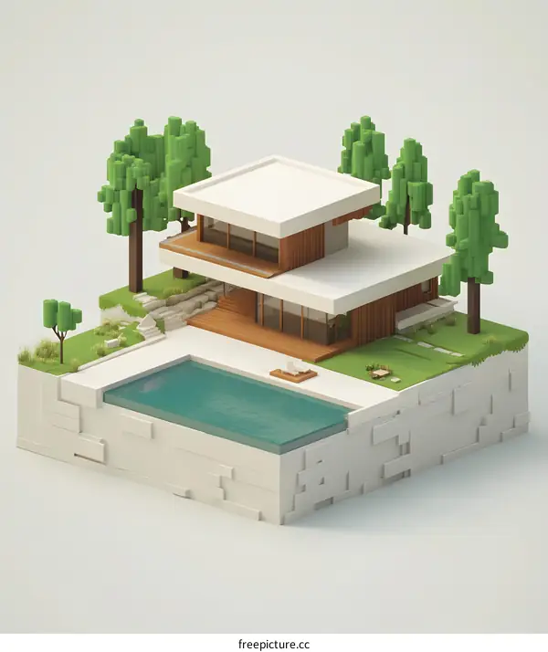Modern House with Swimming Pool and Trees in a Minimalist Style