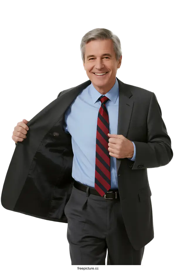 [Transparent Background PNG]Confident middle-aged businessman in formal suit showing inner lining