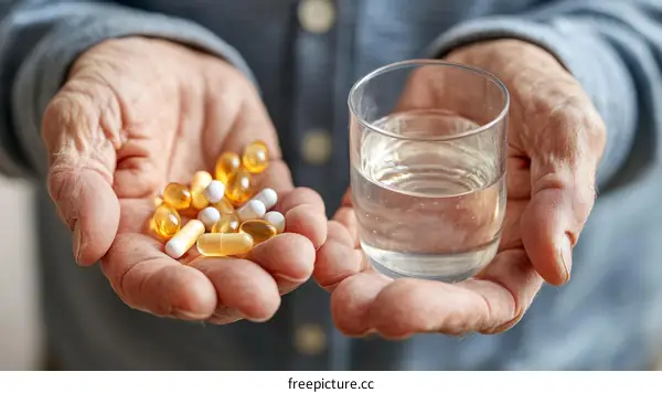 Elderly Person Holding Medicine and Water Glass