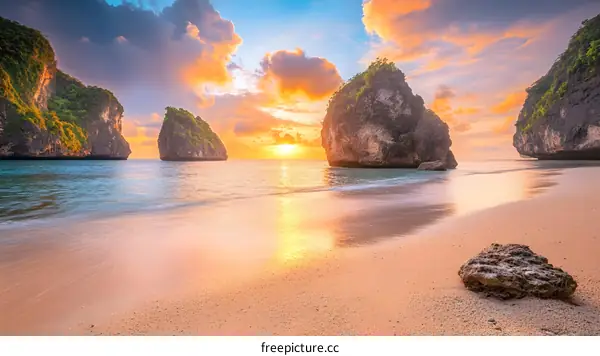 Sunset Over Tropical Beach With Cliffs