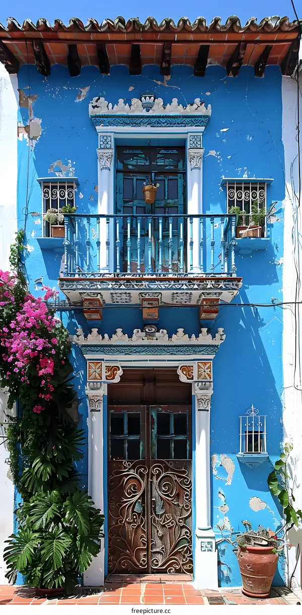 ornate blue building with pink flowers
