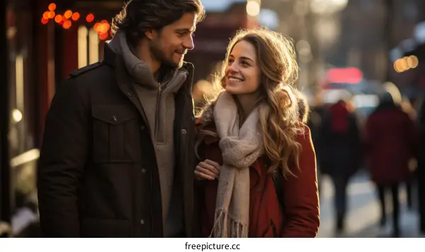 A young couple is walking down a city street smiling at each other