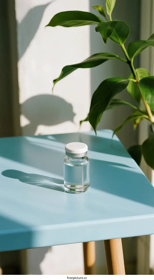 Small Clear Glass Vial with White Cap on Blue Table