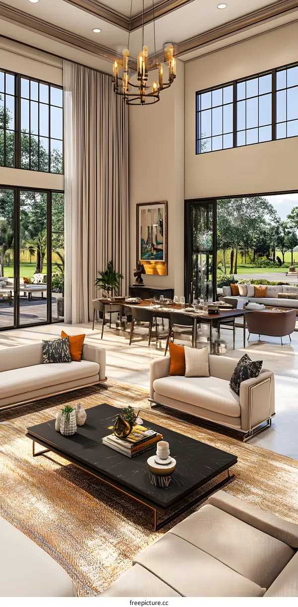 Modern Living Room Interior Design with Large Windows and Chandelier