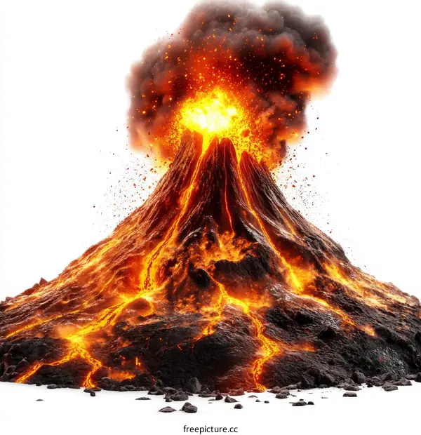 Erupting Volcano on White Background