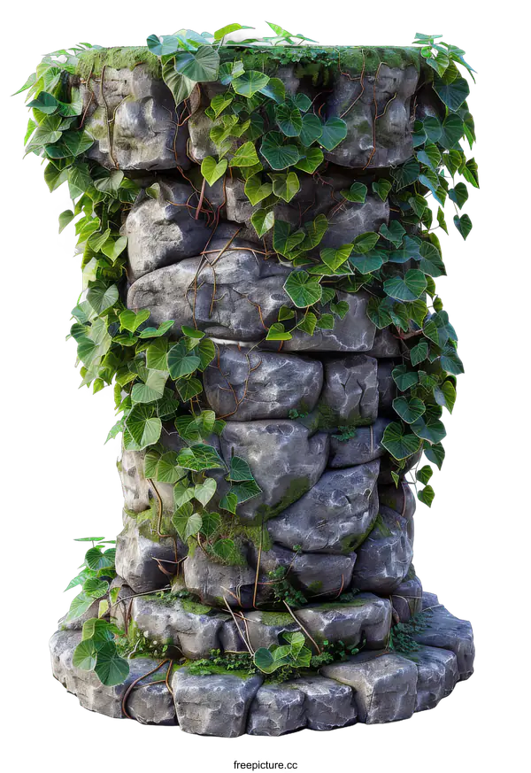 [Transparent Background PNG]Stone pillar overgrown with green plants